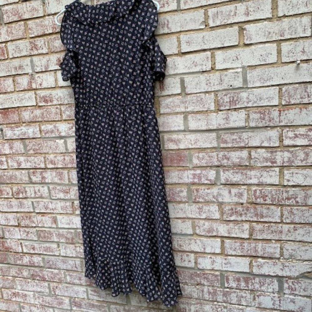 LOFT floral ruffle faux wrap cold shoulder ruffle midi dress size medium - Picture 11 of 14
